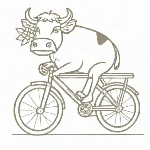 Cute Fine Line Cow Riding A Bike And Holding A Cup Of Coffee