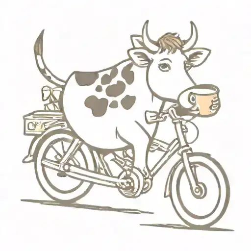 Cute Cow Riding A Bike And Drinking A Cup Of Coffee