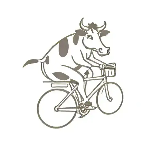 Fine Line Cow Riding A Bike And Holding A Cup Of Coffee