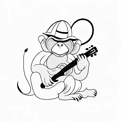 A Dotwork Tattoo Of A Monkey Playing Guitar In A New Zealand Landscape