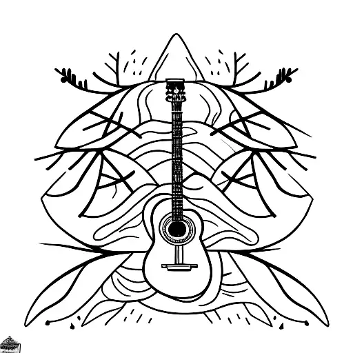 A Minimalist Tattoo Of A Guitar With A Forest Background