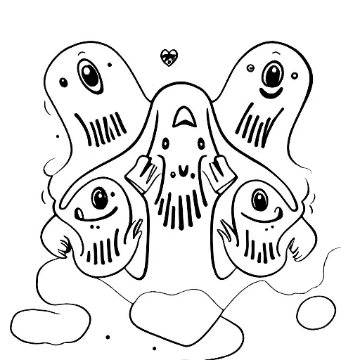 3 Sad Cartoon Ghosts With Crossed Out Eyes Drawing