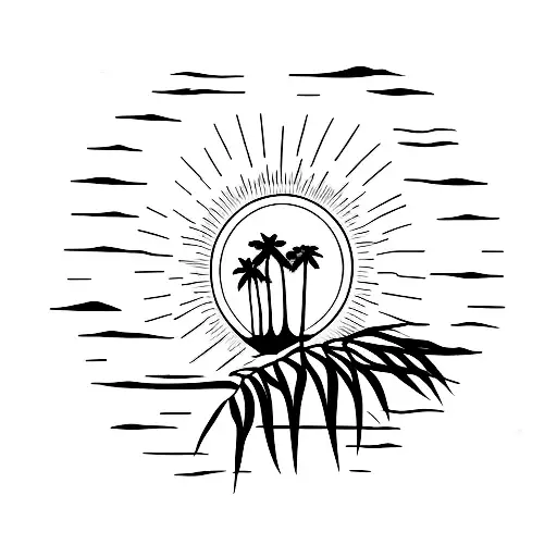 A Minimalist Tattoo Of A Heart-shaped Sun Setting Behind A Palm Tree On A Beach