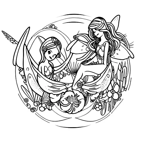 A Winged Fairy And A Mermaid In A Circle With Flowers And Seashells