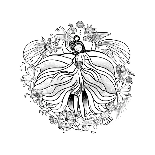 A Winged Fairy And A Mermaid In A Circle With Flowers And Seashells