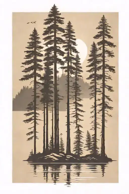 6 Redwood Trees Of Different Sizes On A Pond Under A Shining Sun