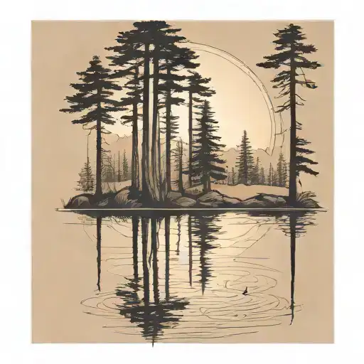 6 Redwood Trees Of Different Sizes On A Pond Under A Shining Sun