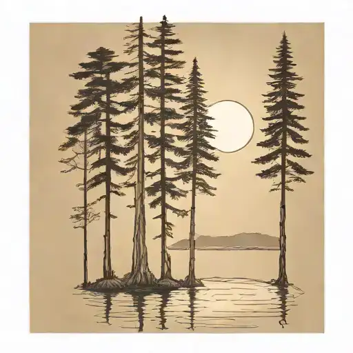 6 Redwood Trees Of Different Sizes Under A Shining Sun Behind A Pond