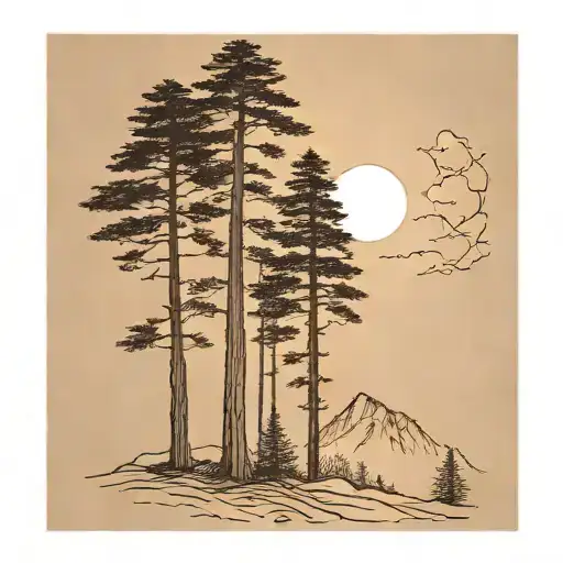 6 Redwood Trees Of Different Sizes In Front Of Mountains Under A Shining Sun