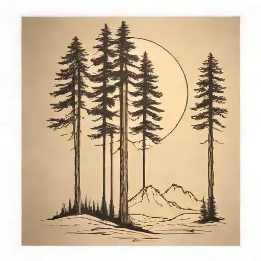 6 Redwood Trees Of Different Sizes In Front Of Large Mountains Under A Shining Sun