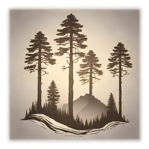 6 Redwood Trees At The Base Of A Large Mountain Range Under A Shining Sun