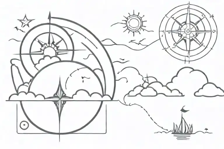 Wavy Clouds And Rays Of Sunshine With A Compass Surrounded