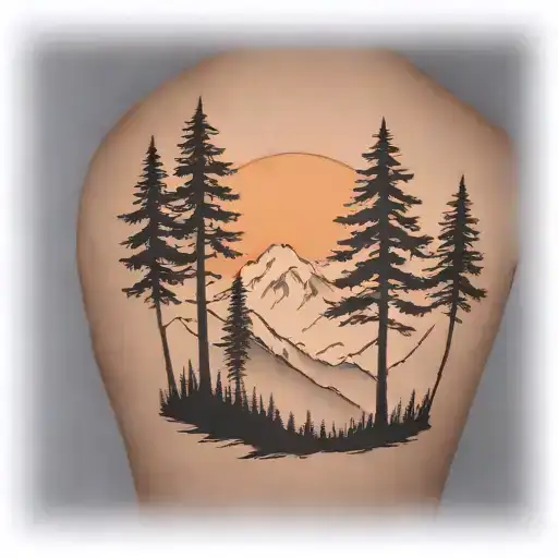 6 Cedar Trees At The Base Of A Large Mountain Range Under A Shining Sun