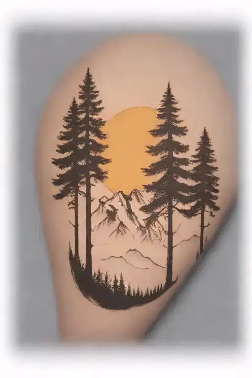 6 Cedar Trees At The Base Of A Large Mountain Range Under A Shining Sun