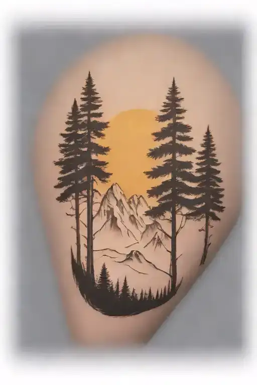 6 Weeping Cedar Trees At The Base Of A Large Mountain Range Under A Shining Sun