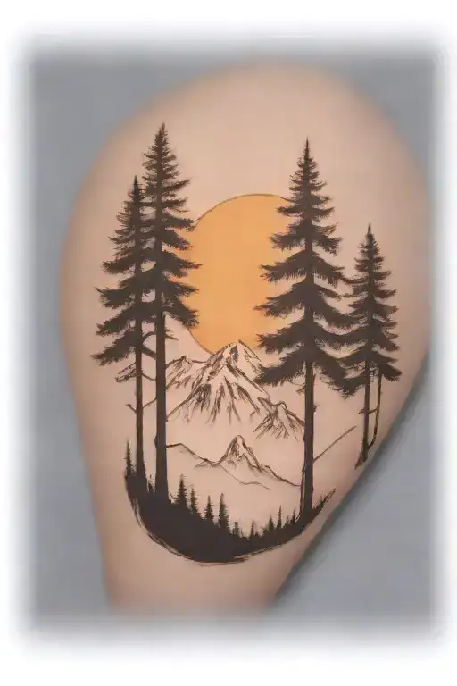 6 Weeping Cedar Trees At The Base Of A Large Mountain Range Under A Shining Sun