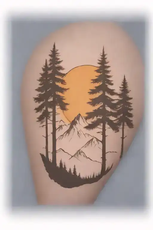 6 Weeping Cedar Trees At The Base Of A Large Mountain Range Under A Shining Sun