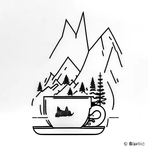 A Minimalist Tattoo Of A Cat Sitting On Top Of A Coffee Cup With Mountains In The Background
