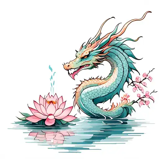 Dragon With Cherry Blossoms And A Water Feature With Lotus Flowers