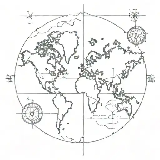 Fine Line Compass And World Map Layered On Top