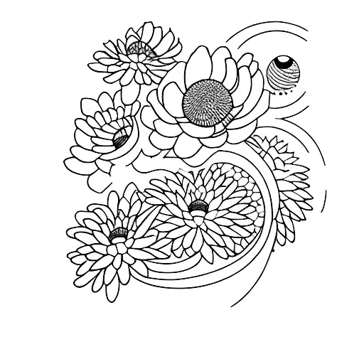 A Minimalist Tattoo Of A Star Wars Spaceship Flying Over A Chrysanthemum Garden