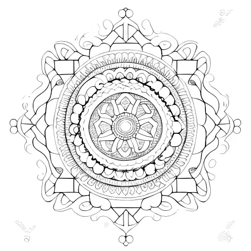 An Intricate Dotwork Design Featuring A Serene Ocean Sunset Behind Towering Mountains