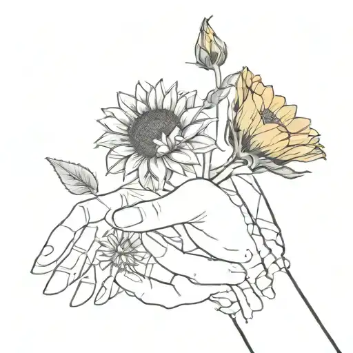 Skeleton Hand Holding Dead Flowers And 1 Live Sunflower
