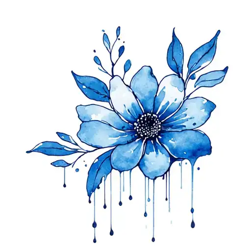 Dripping Watercolor And Ink Flower Blue