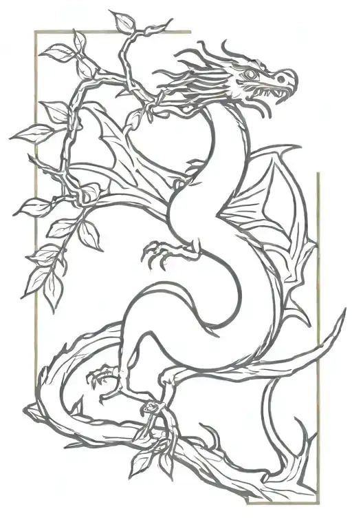 Black Ink Dragon With Spreaded Wings Sitting On A Cherry Tree Branch