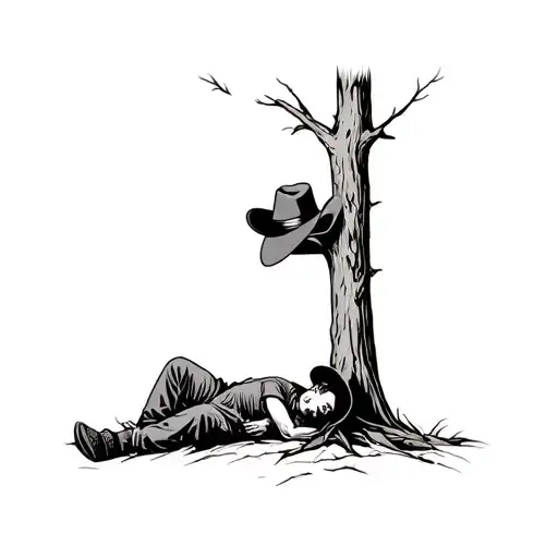 Cowboy Sleeping Leaned Back Against A Tree Hat Covering His Face