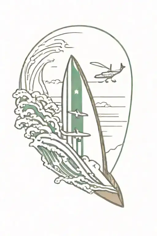 Wood Surf Board With Senegal Flag Bug Wave Crashing With Plane Line Arround