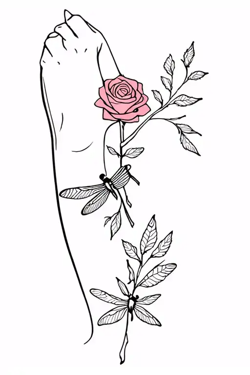 Self-hug Tattoo With A Rose And A Dragonfly
