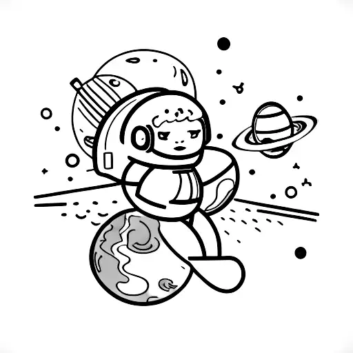 A Chubby Girl Wearing A Bikini And An Astronaut Helmet Is Leaving Orbiting Planets