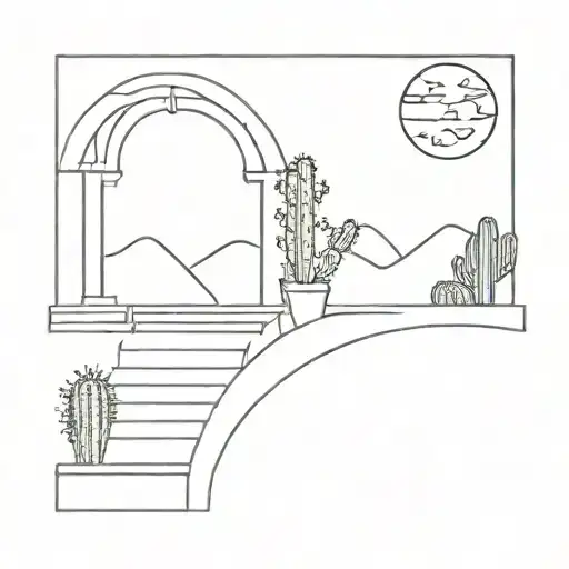 Archway Threshold With Steps Cacti And The Moon And Starts
