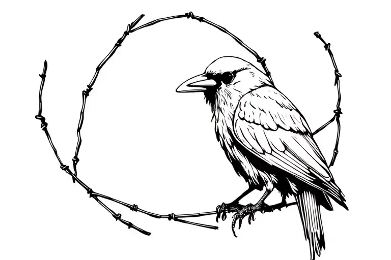 Crow With Skull And Bared Wire Around It