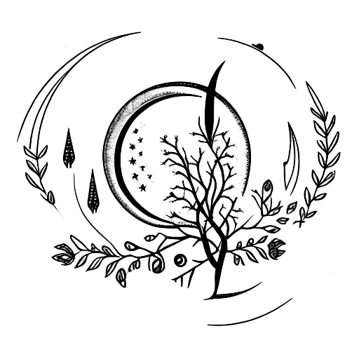 A Branch With Leaves And A Crescent Moon