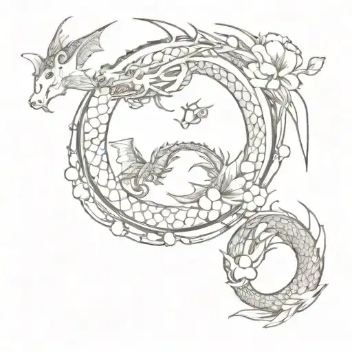 Dragon And Fish Astrological And Sakura Flowers