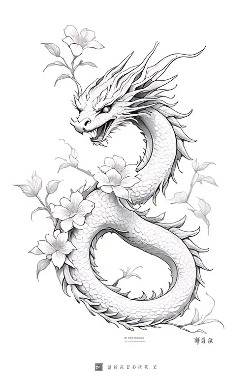 Cherry Flowers And Dragon