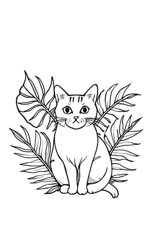 Monstera Leaves And Cat Sitting Drawing Style