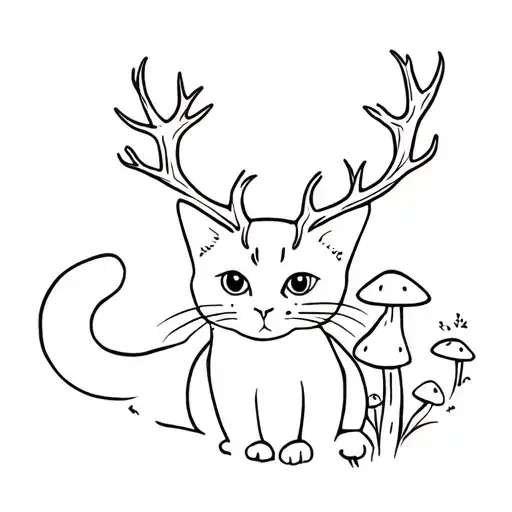 Witch Cat With Antlers And Mushrooms
