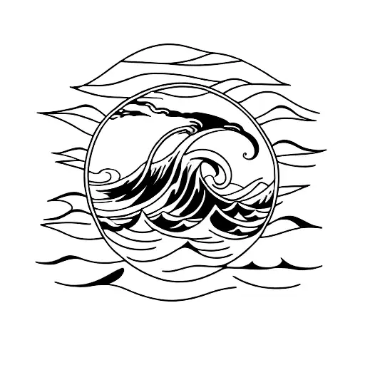 A Minimalist Tattoo Of Crashing Waves Against A Setting Sun