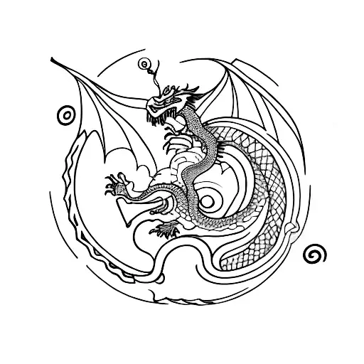 A Minimalist Tattoo Of A Dragon Curled Around A Smartphone With A Moon And Coffee Beans As Its Eyes