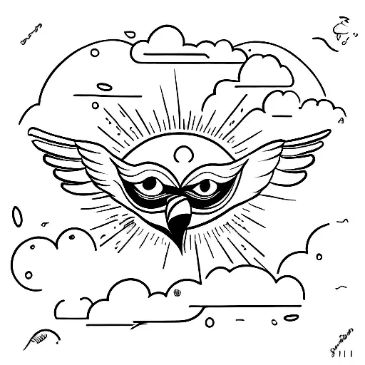 Bird Face Down Flying Vertically To A Sun Hiding In Clouds At The Top