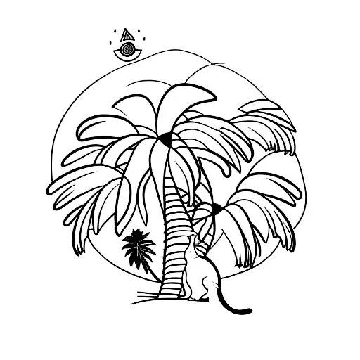 A Minimalist Tattoo Of A Cat Surrounded By Palm Trees On A Beach
