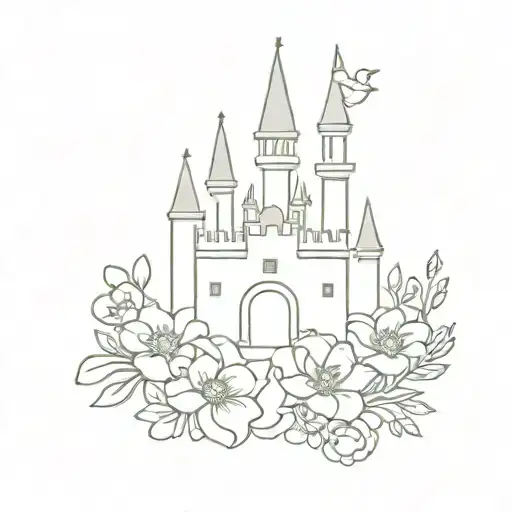 Disney Cartoon Castle With Birth Flowers Surrounding