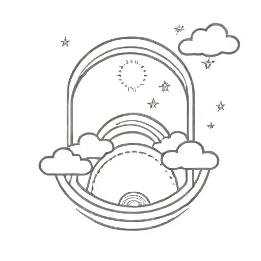 A Big Rainbow Arching Over A Simple Design Of A Sun And Some Tiny Clouds