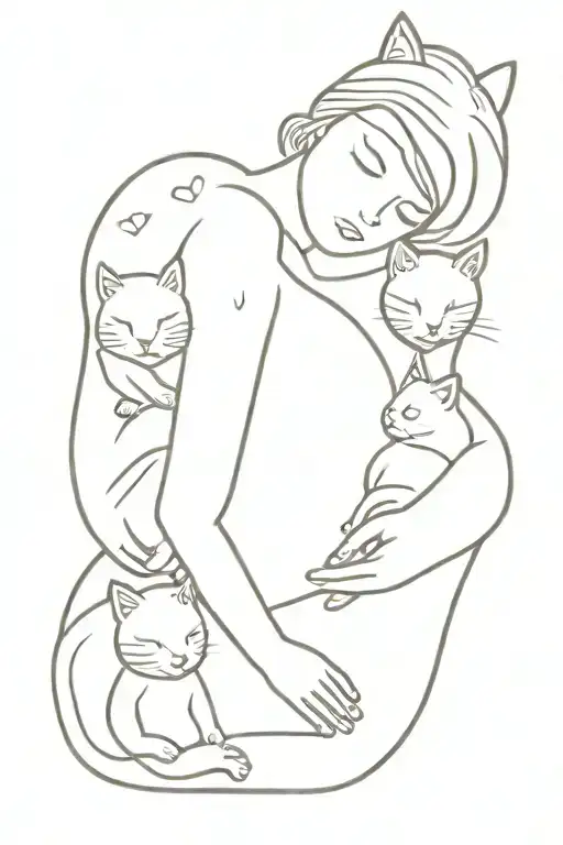 Mom Holding Infant Sleeping Surrounded By Cats Sitting