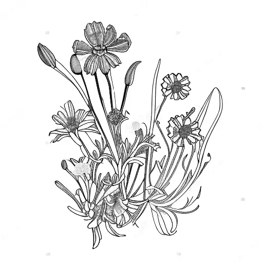 A Composition Of Various Flowers Including Cosmos Marigold Roses Lily Of The Valley Aster Gladiolus