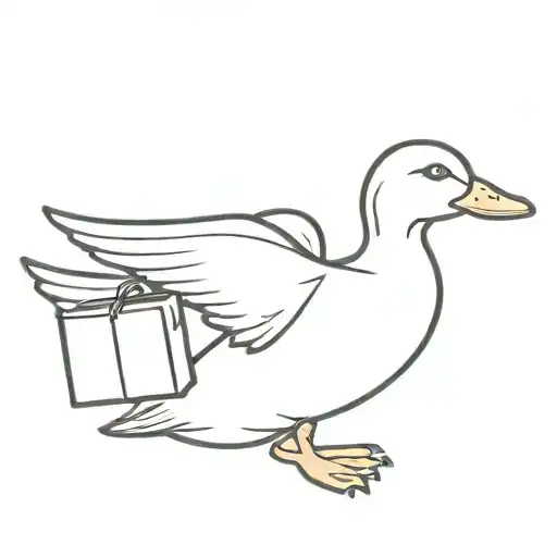 Duck Flying With A Bag On Its Wing And A Decoration On Its Neck Imitation Of A Child's Drawing
