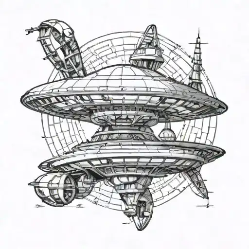Engineering Drawing Of An Alien Flying Saucer In Three Views